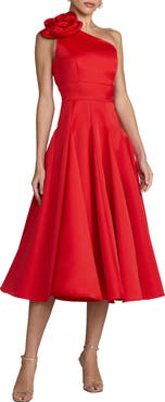 Mac Duggal One Shoulder Satin Midi Dress With 3D Flower