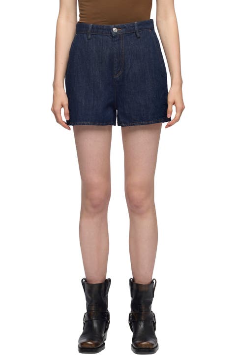 High Waist Cotton & Linen Denim Trouser Shorts