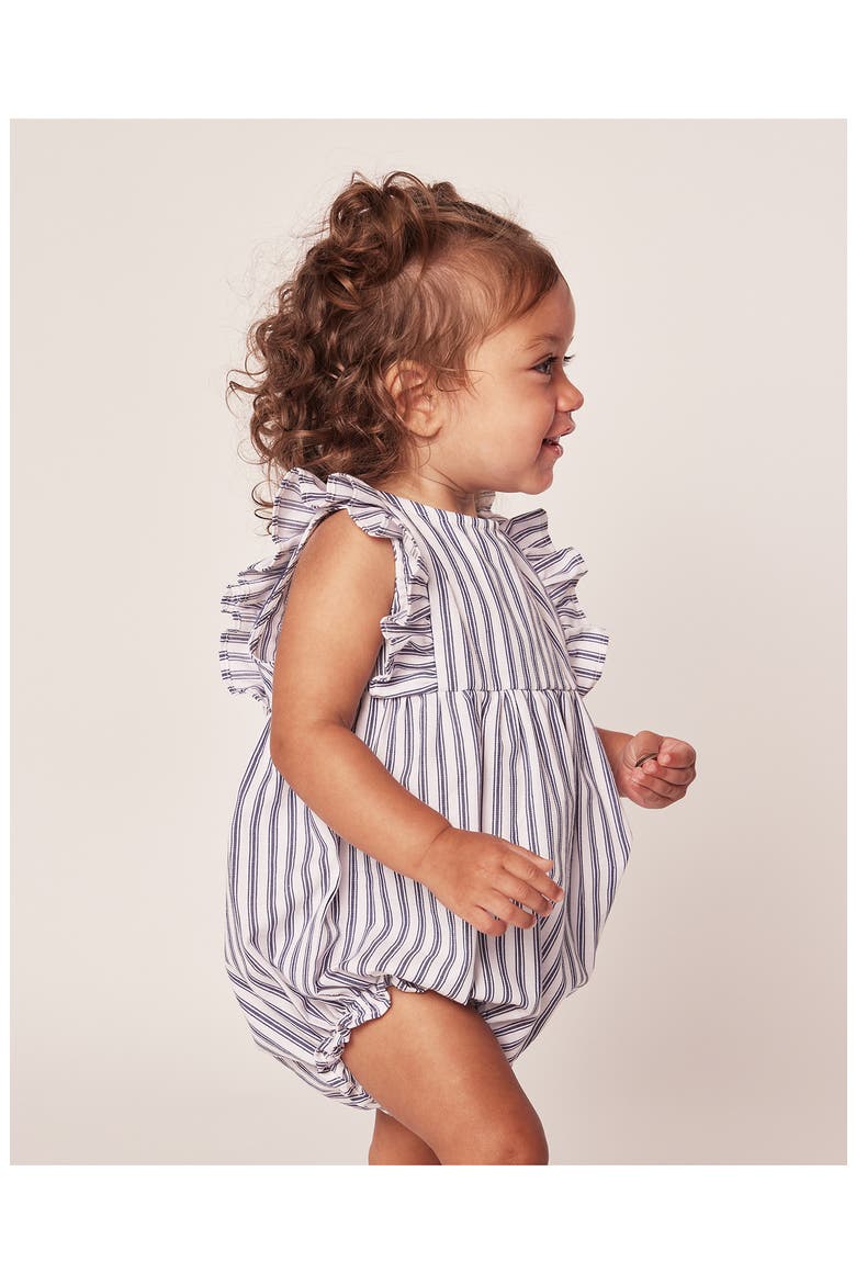 French Ticking Ruffled Romper, Alternate, color, NAVY