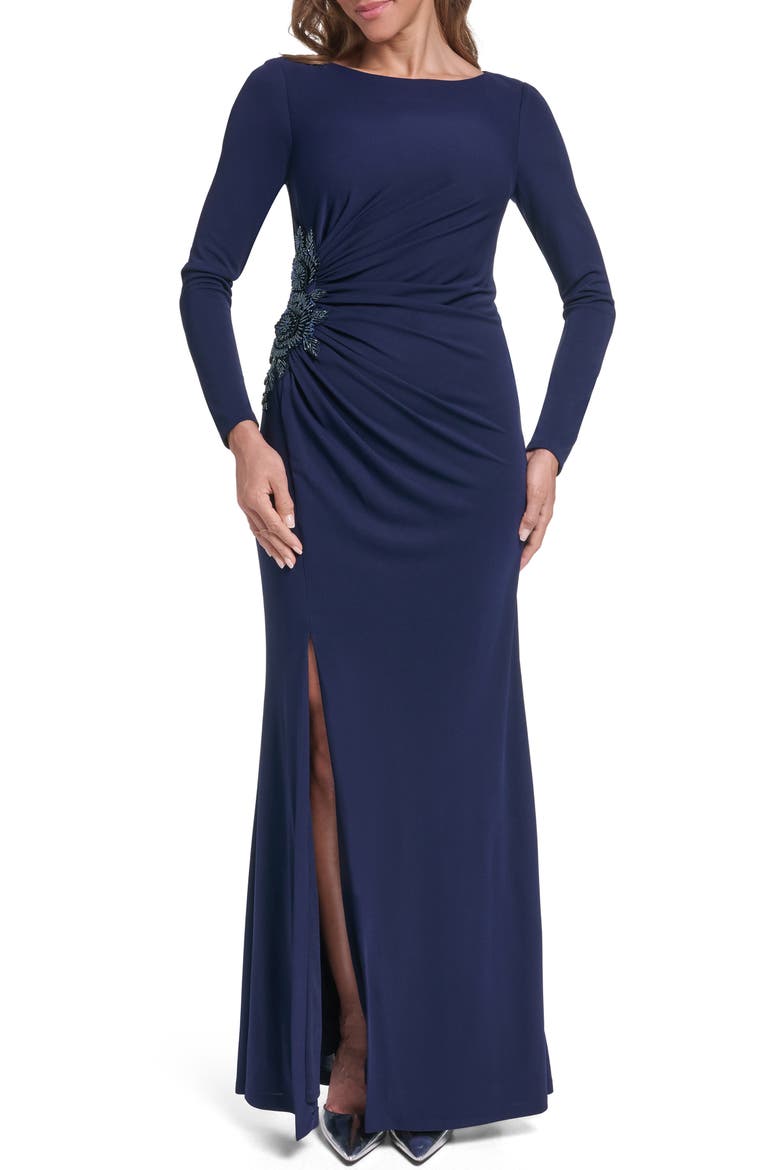 Beaded Detail Side Ruched Long Sleeve Gown, Main, color, NAVY