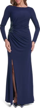 Eliza J Beaded Detail Side Ruched Long Sleeve Gown