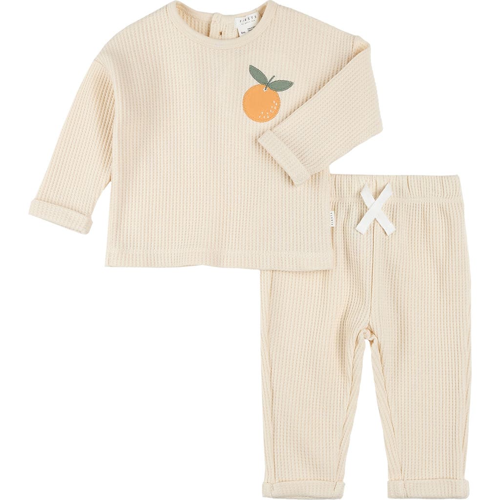 FIRSTS BY PETIT LEM FIRSTS BY PETIT LEM ORANGE APPLIQUÉ THERMAL KNIT TOP & PANTS SET