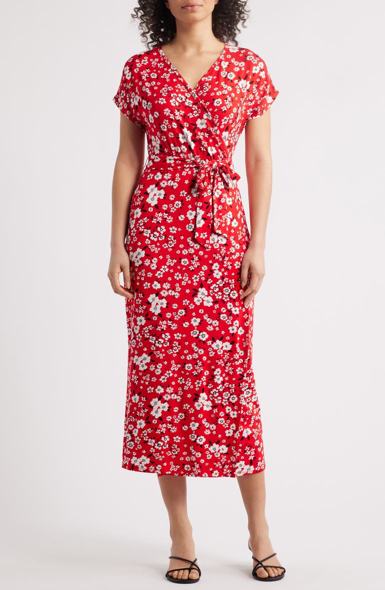 Loveappella Floral Print Faux Wrap Midi Dress, Main, color, Red