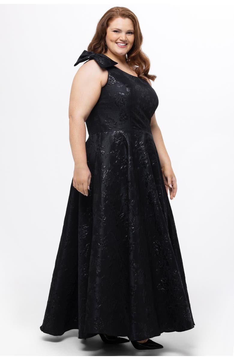 Celebrations by Sydney's Closet One Shoulder Brocade Plus Size Formal Dress with Bow, Alternate, color, Black/Black