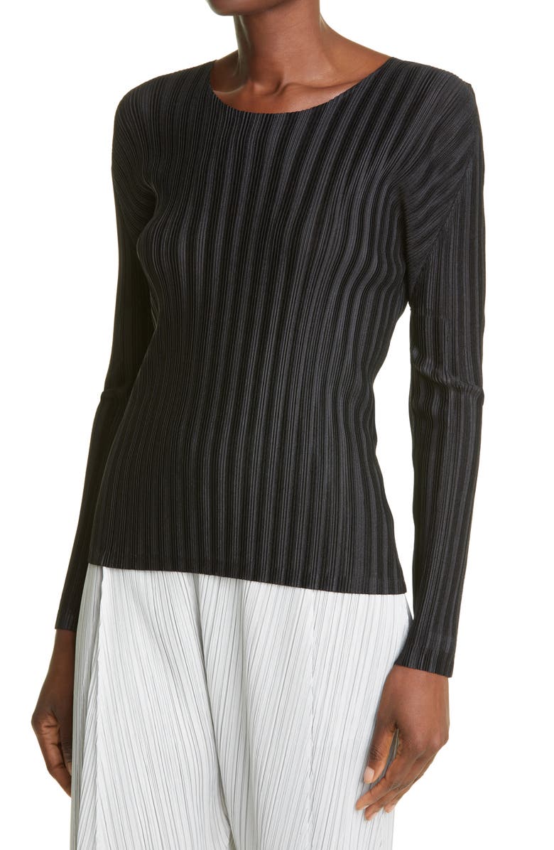 Pleats Please Issey Miyake Pleated Long Sleeve Top, Alternate, color, Black