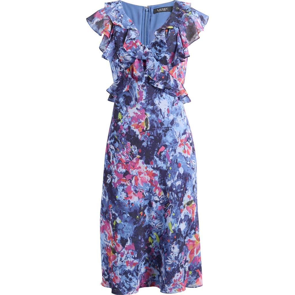 Ralph Lauren Petite Print Ruffle-trim Georgette Midi Dress In Blue