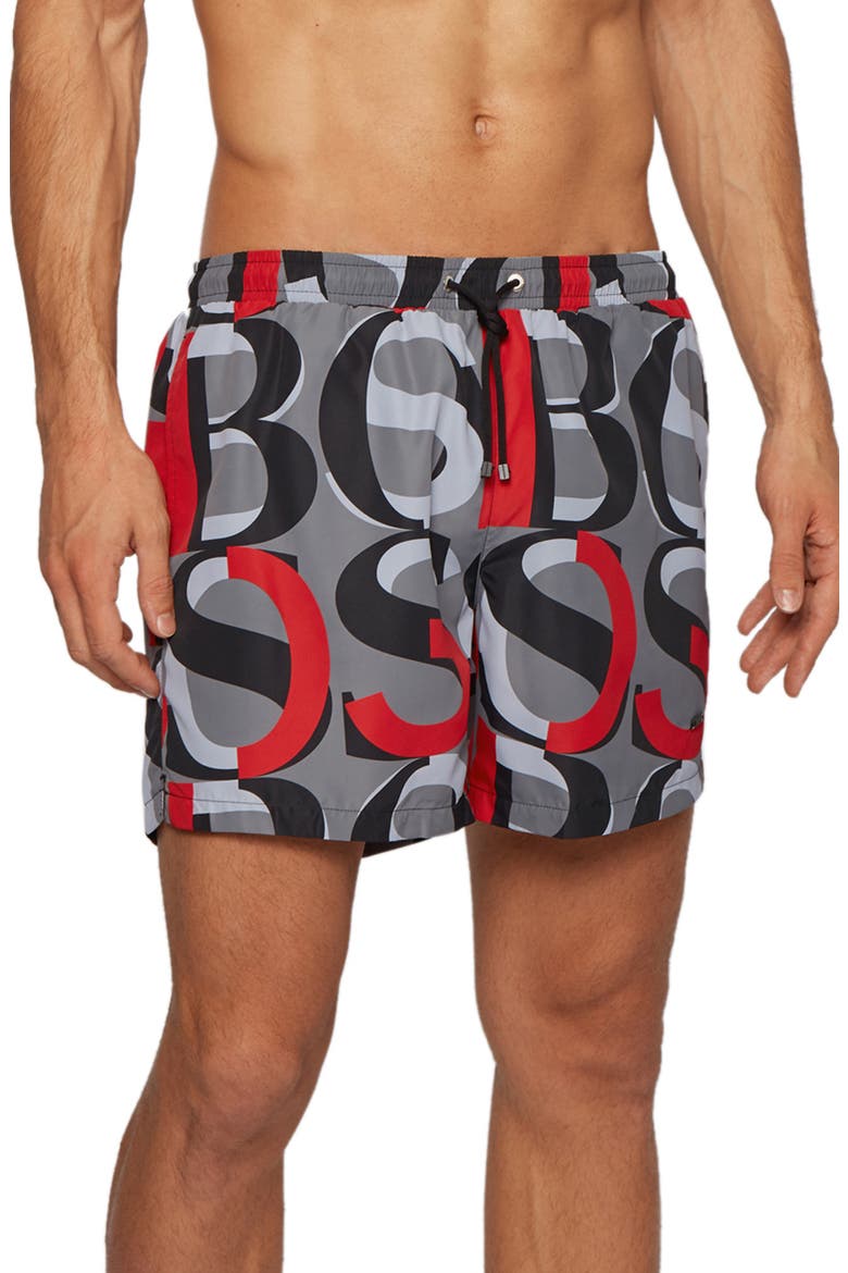 Fanfin Print Swim Trunks, Main, color, BRIGHT RED