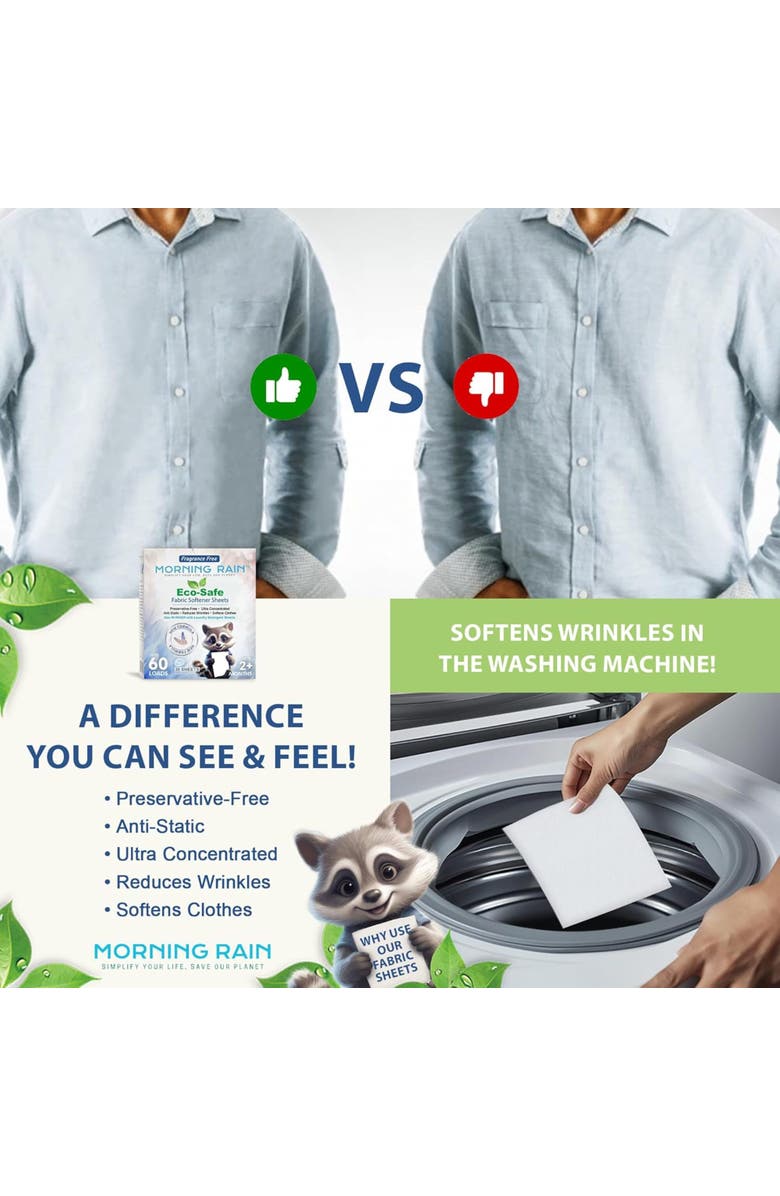 MorningRain Eco Fabric Softener Sheets, Fragrance Free, 30 Sheets, 60 Loads, Alternate, color, Multicolored