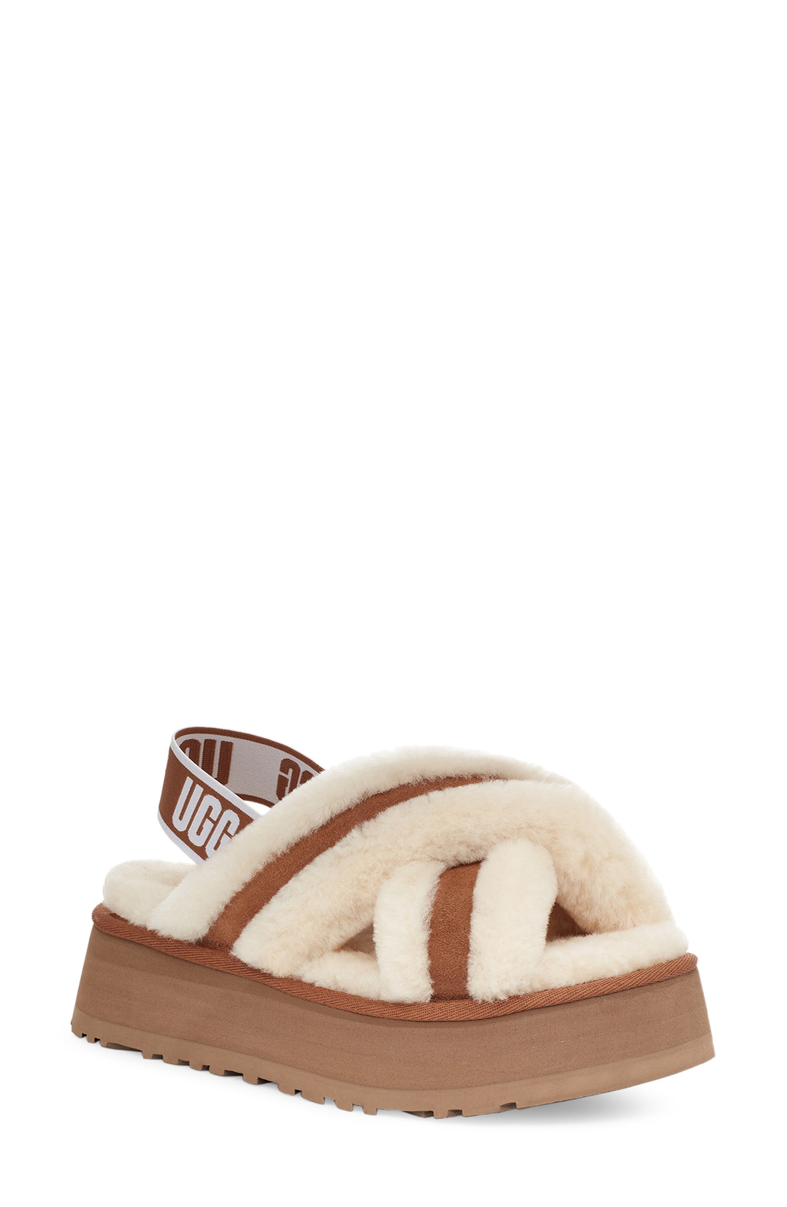 Disco Cross Genuine Shearling Slide, Main, color, CHESTNUT
