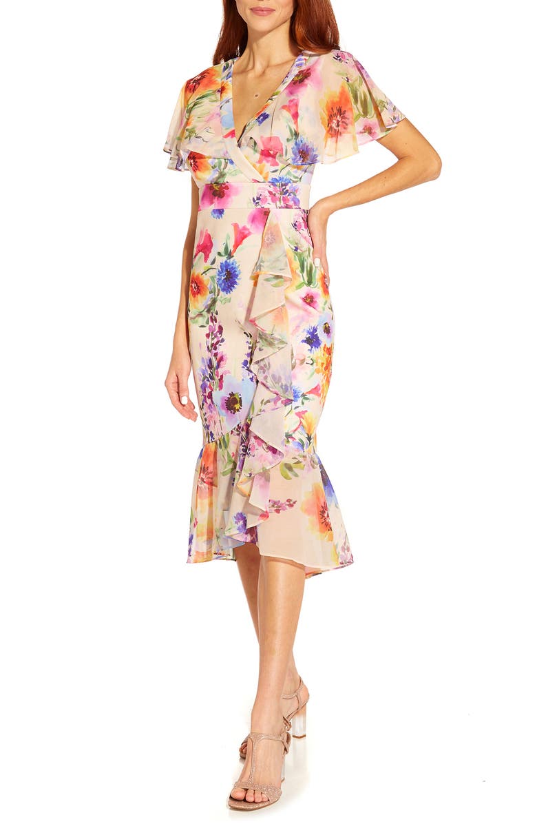 Adrianna Papell Floral Ruffle Faux Wrap Midi Dress, Alternate, color, 