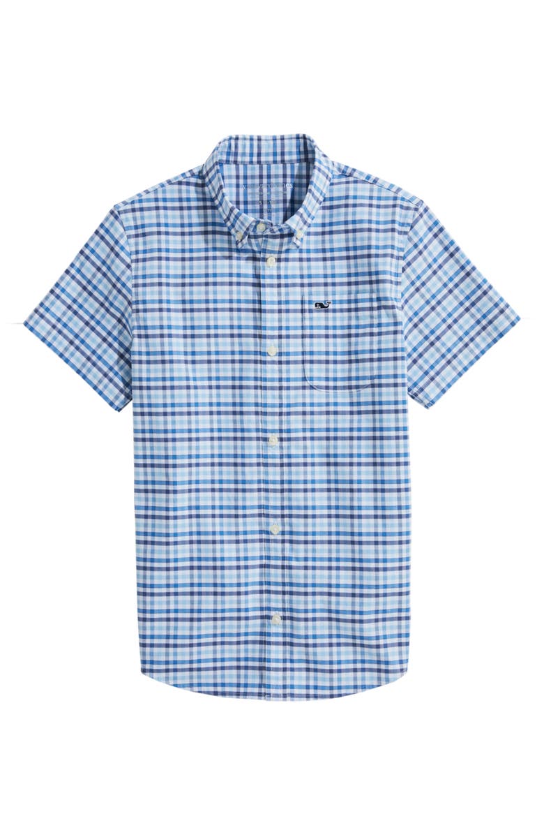 vineyard vines Kids' Plaid brrrº Short Sleeve Button-Down Shirt, Main, color, Oceansplash