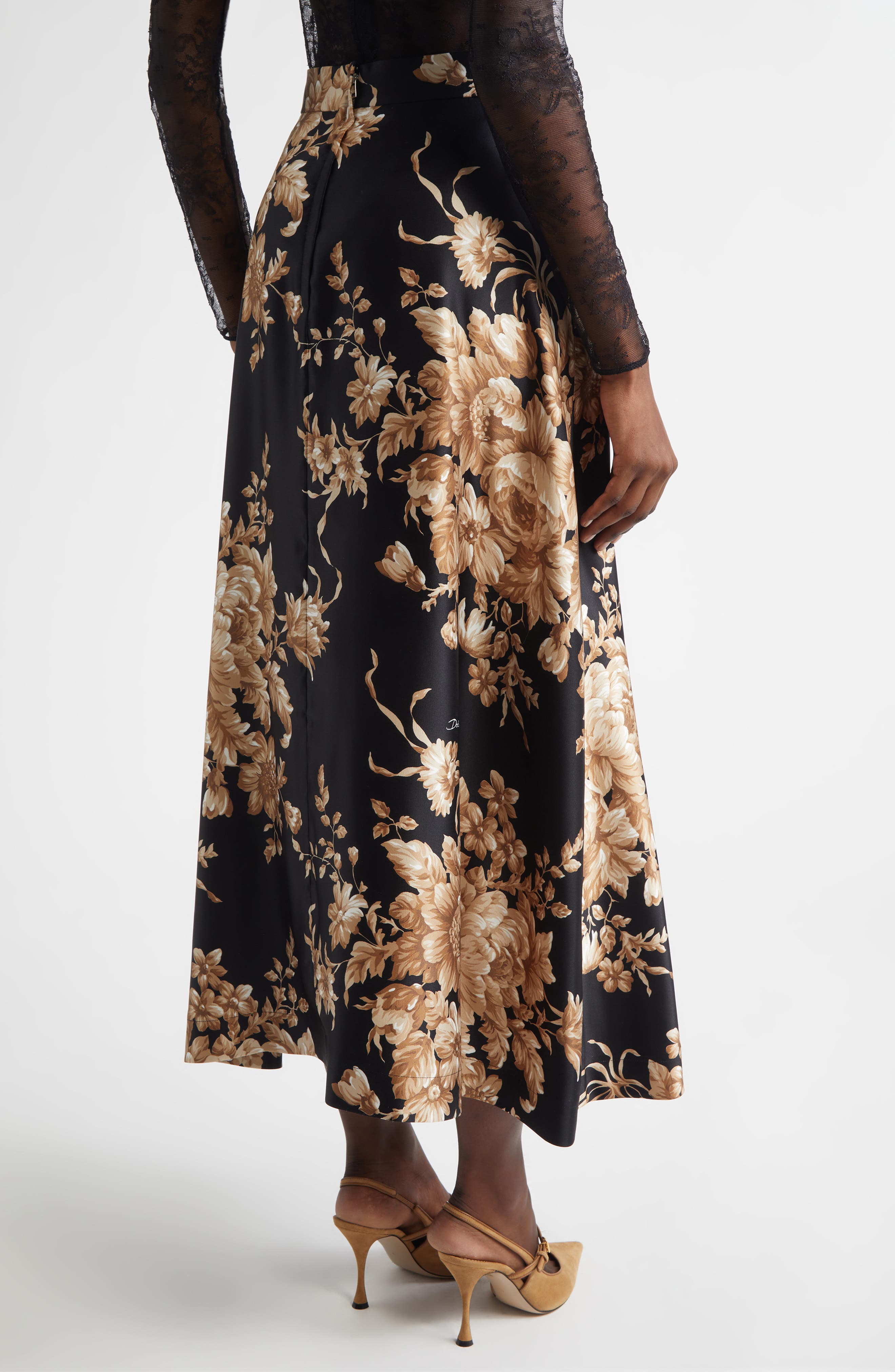 Rose Print Silk Satin A-Line Skirt - image 2