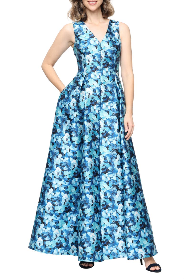 Sleeveless Mikado Gown, Main, color, TEAL MULTI