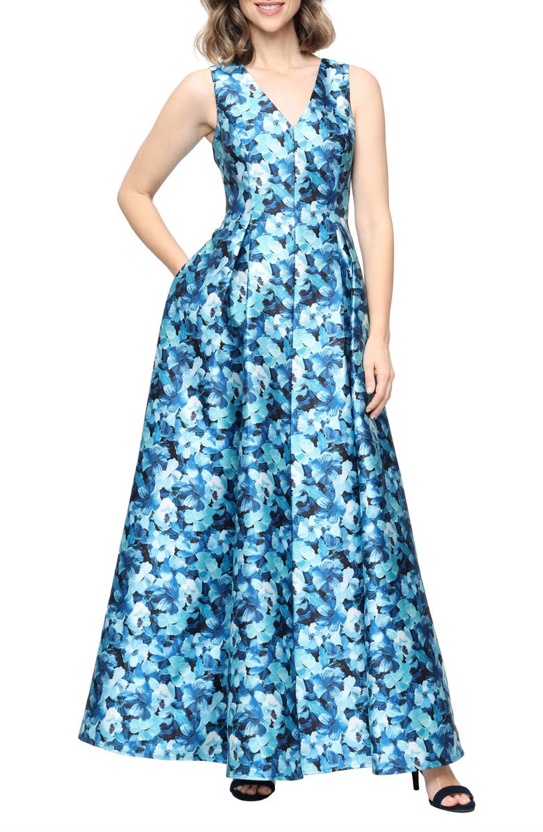 Alex Evenings Sleeveless Mikado Gown, Main, color, Teal Multi