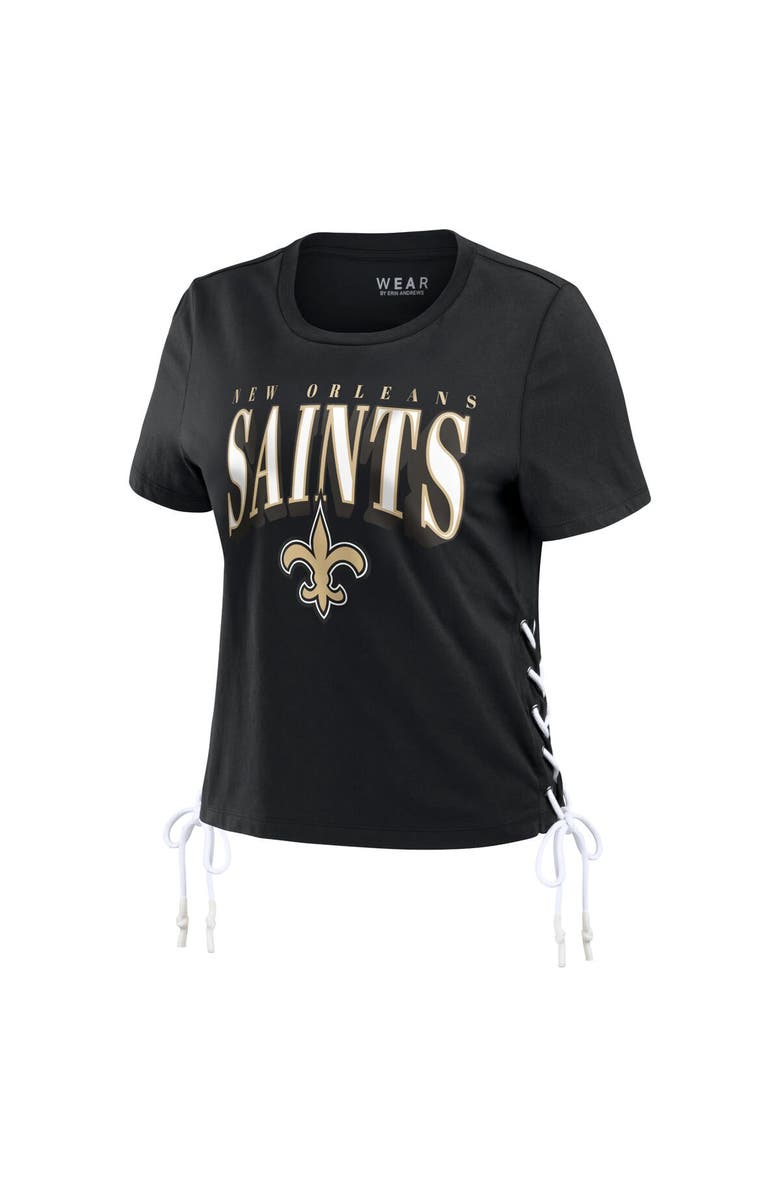 WEAR by Erin Andrews Women's WEAR by Erin Andrews Black New Orleans Saints Lace Up Side Modest Cropped T-Shirt, Alternate, color, Black