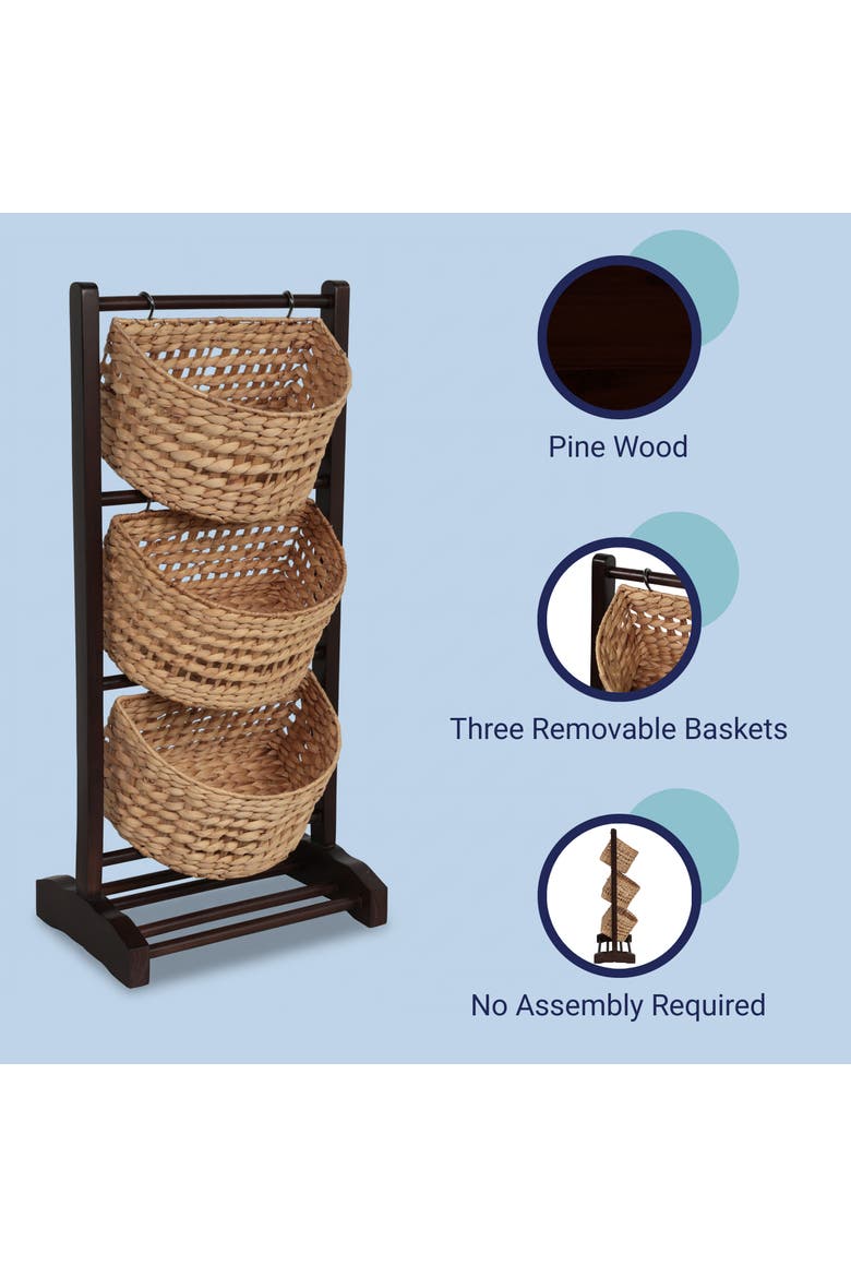 Havana Handcrafted Pine Wood 3-Tier Floor Stand with Water Hyacinth Baskets Storage Rack, Alternate, color, Brown