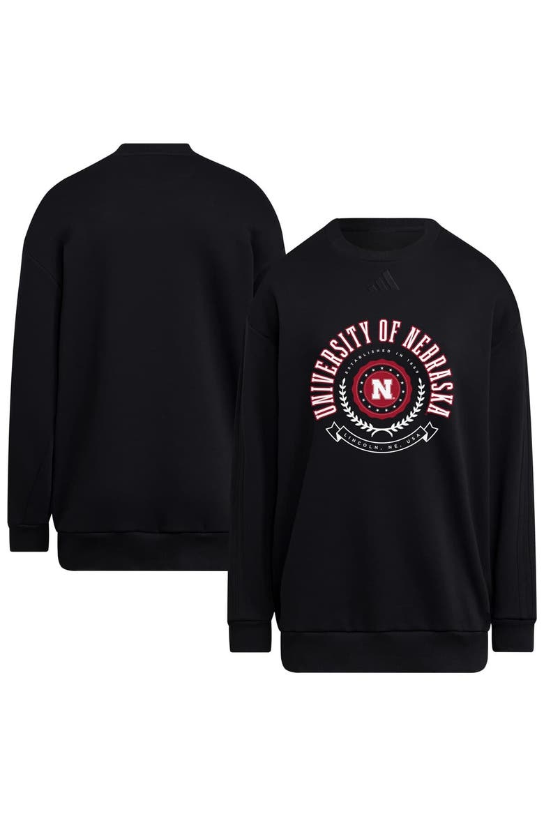 Women's adidas Black Nebraska Huskers Oversized Crewneck Pullover, Main, color, Black
