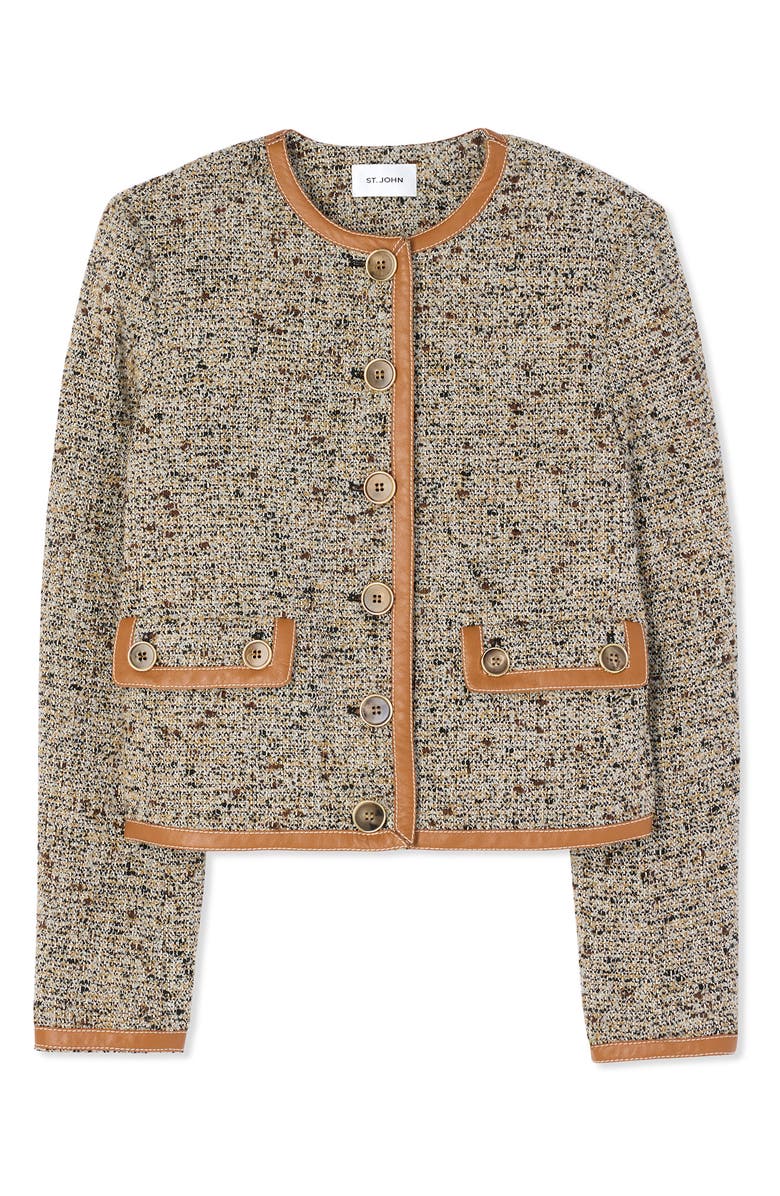 ST. JOHN Crop Leather Trim Bouclé Tweed Jacket, Alternate, color,