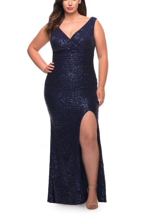 Stretch Sequin Plus Size Gown with Slit and V Neck
