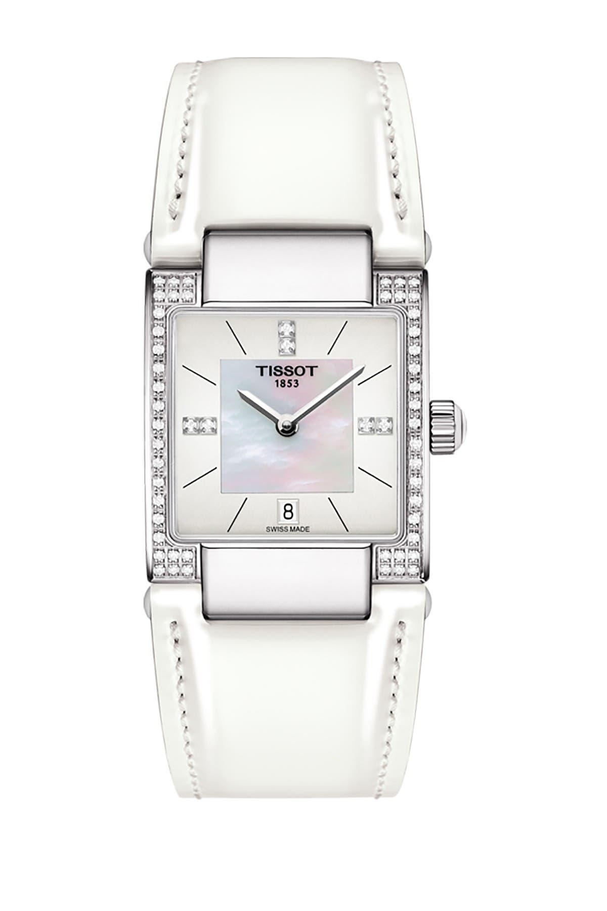 Tissot Women's T-2 Mother of Pearl Diamond Accented Leather Strap Watch- 0.16 ctw, 32mm