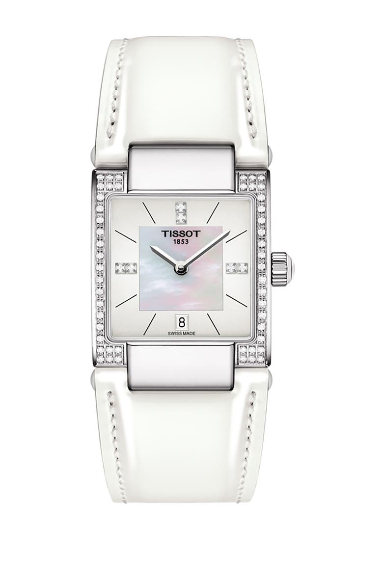 Women's T-2 Mother of Pearl Diamond Accented Leather Strap Watch- 0.16 ctw, 32mm, Main, color, NO COLOR