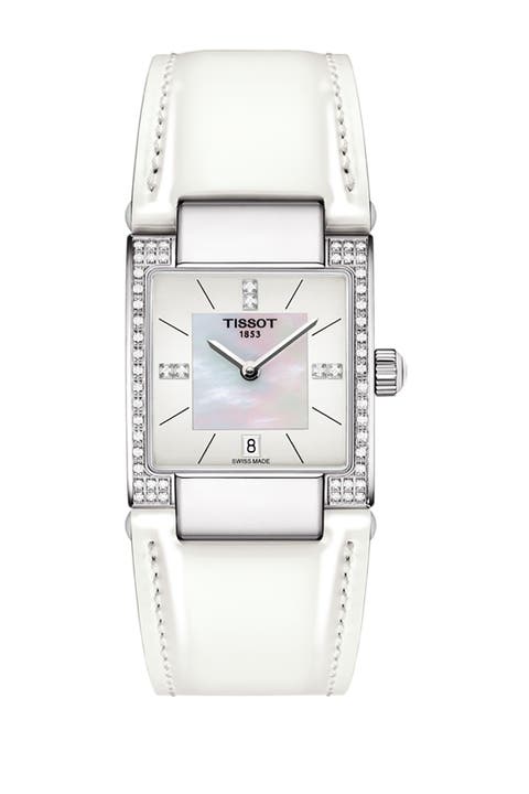 Women's T-2 Mother of Pearl Diamond Accented Leather Strap Watch- 0.16 ctw, 32mm