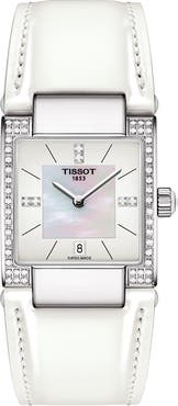 Tissot Women's T-2 Mother of Pearl Diamond Accented Leather Strap Watch- 0.16 ctw, 32mm