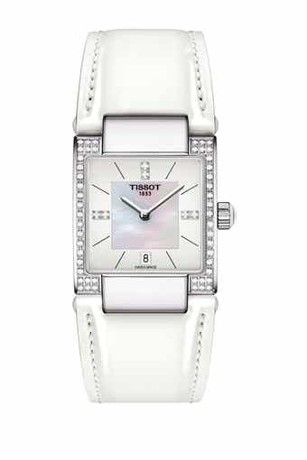 Tissot Women's T-2 Mother of Pearl Diamond Accented Leather Strap Watch- 0.16 ctw, 32mm