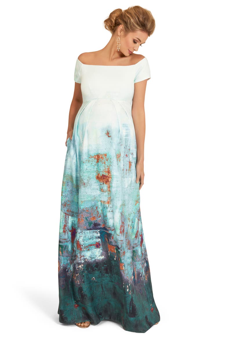 Aria Off the Shoulder Metallic Maternity Gown, Alternate, color, GREEN