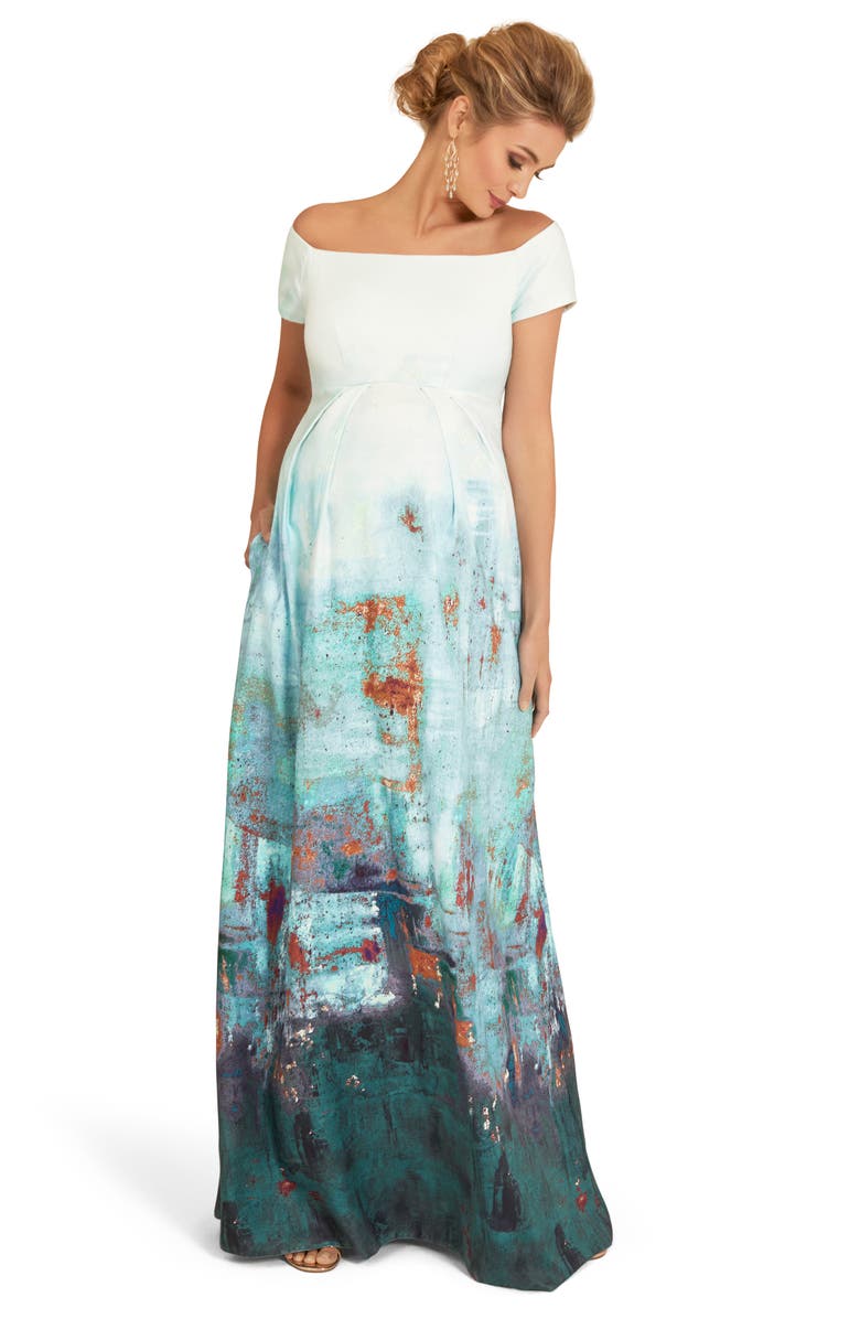 Tiffany Rose Aria Off the Shoulder Metallic Maternity Gown, Alternate, color,