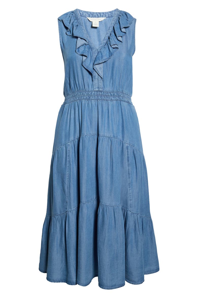 Ruffle Neck Sleeveless Chambray Midi Dress, Alternate, color, MEDIUM WASH