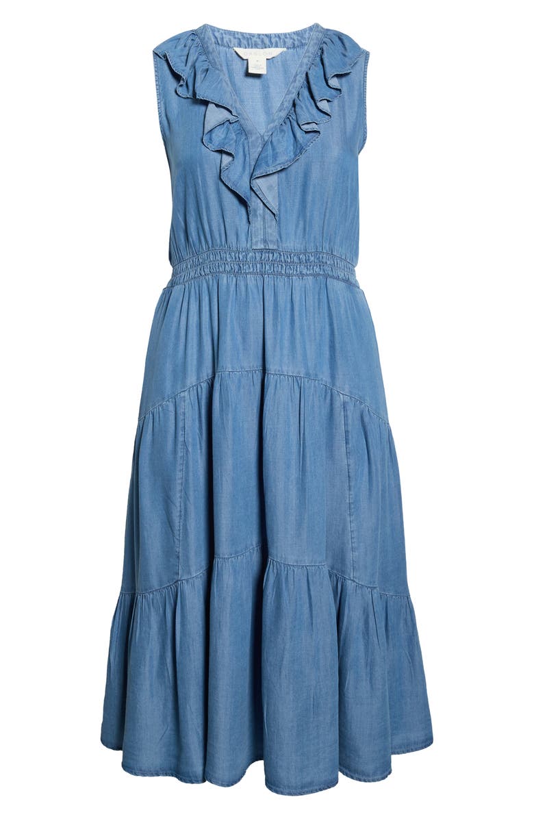 Caslon<sup>®</sup> Ruffle Neck Sleeveless Chambray Midi Dress, Alternate, color, Medium Wash