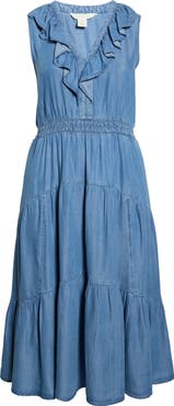 Caslon® Ruffle Neck Sleeveless Chambray Midi Dress