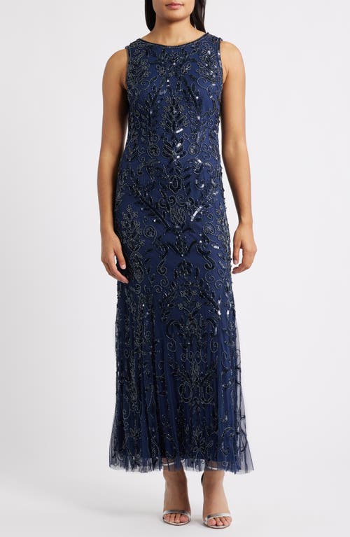 Pisarro Nights Beaded Sleeveless Gown In Blue