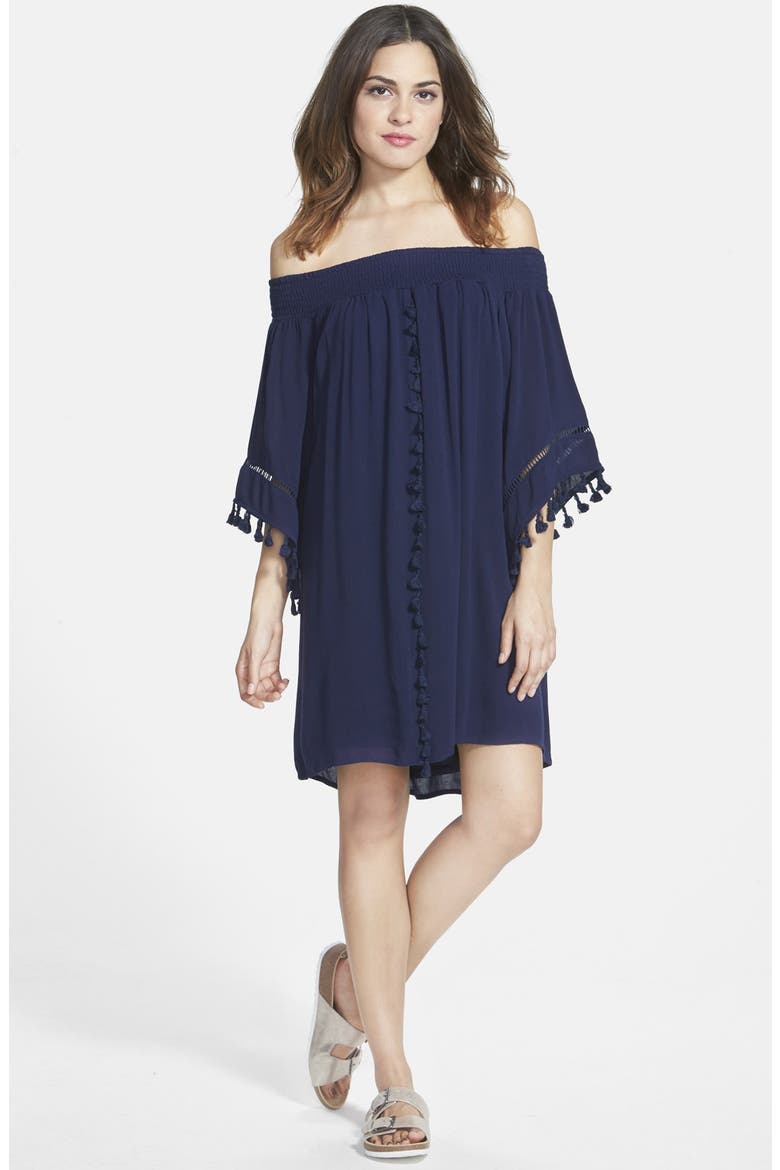 Fire Tassel Trim Off the Shoulder Dress, Main, color, NAVY