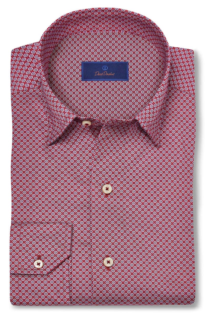 David Donahue Geometric Print Sport Shirt, Main, color, Berry
