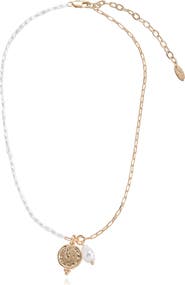 Ettika Faux Pearl & Chain Pendant Necklace
