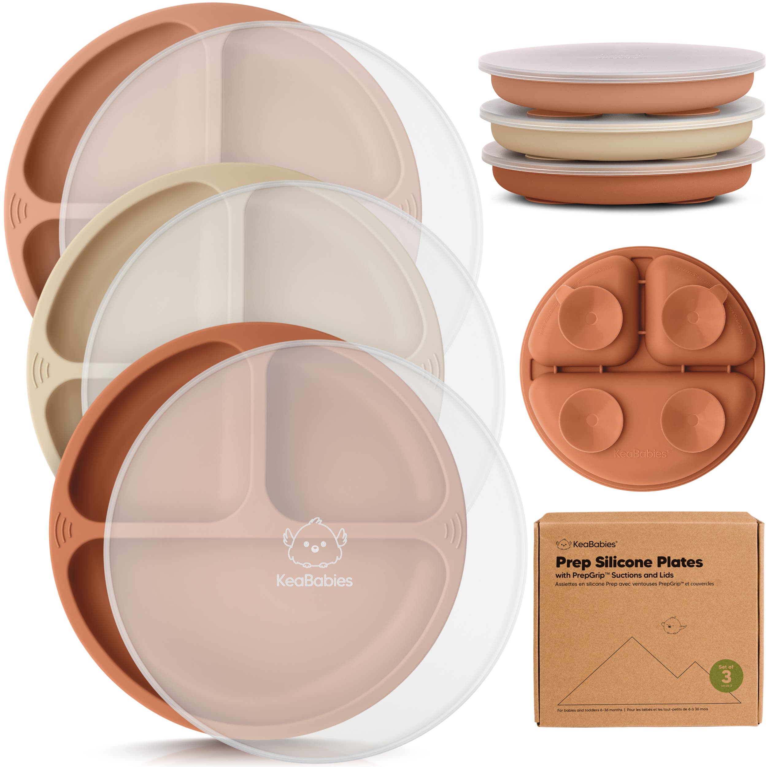 KeaBabies 3-Pack Prep Silicone Suction Plates with Lids in Terracotta at Nordstrom