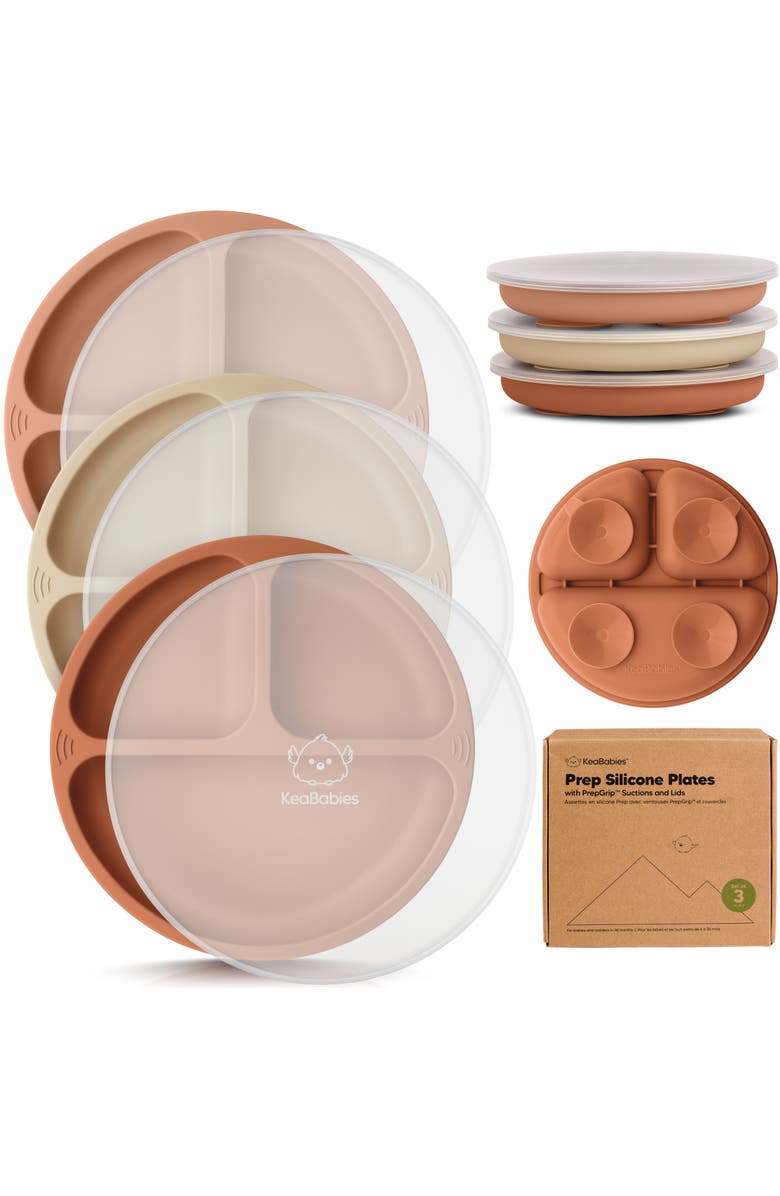 KeaBabies 3-Pack Prep Silicone Suction Plates with Lids, Main, color, Terracotta