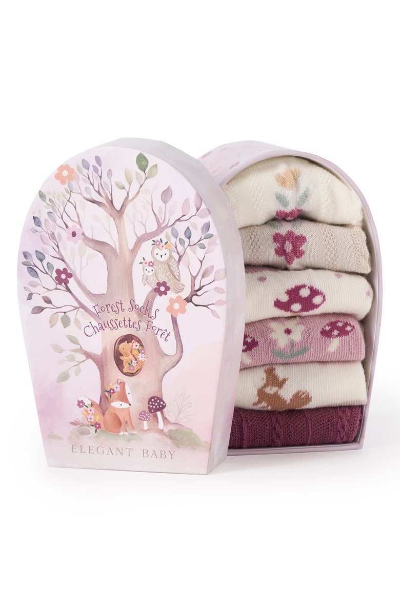 Elegant Baby Assorted 6-Pack Forest Family Socks Gift Box, Alternate, color, Ivory Multi