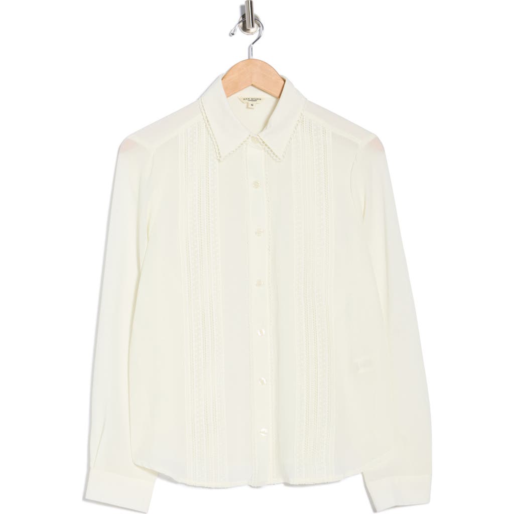 Max Studio Embroidered Pleated Button-up Shirt In White