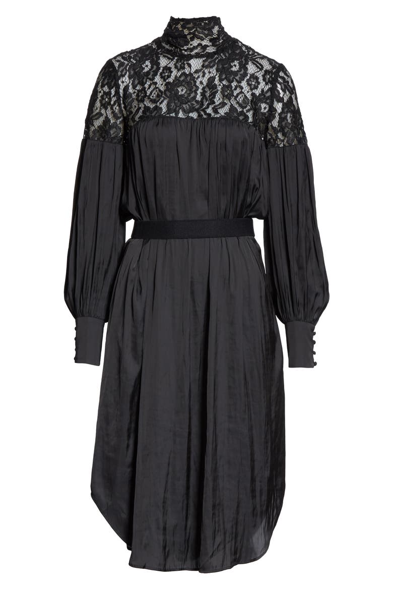 Lace Panel Long Sleeve Dress, Alternate, color, BLACK