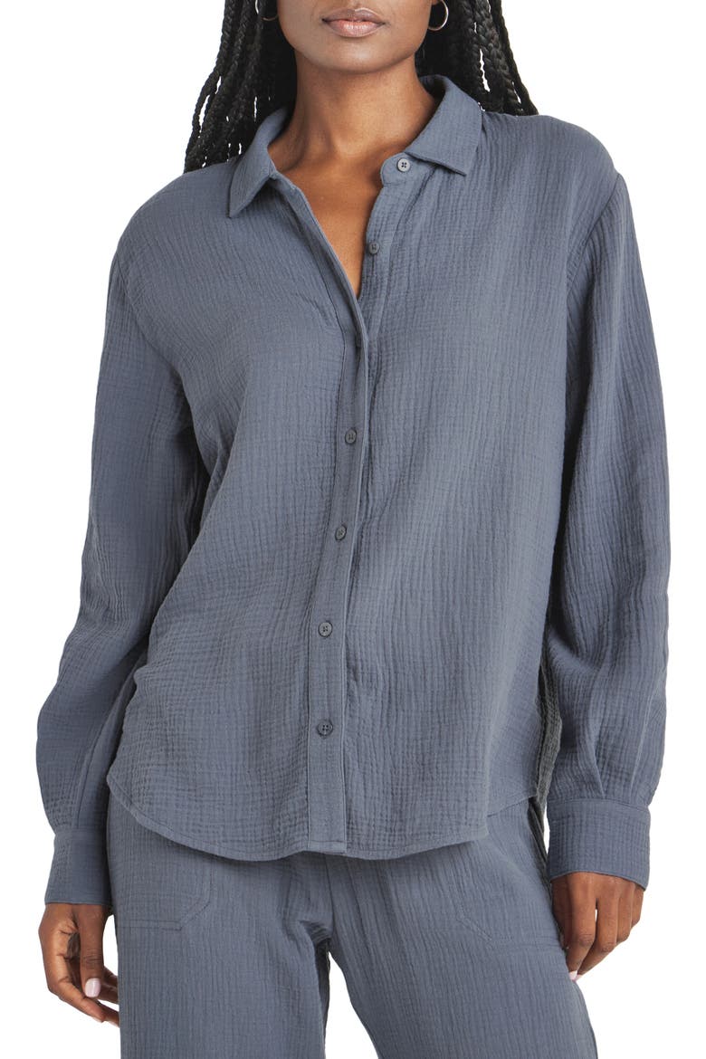 Adele Oversize Cotton Gauze Button-Up Shirt, Main, color, WASHED ASH NAVY