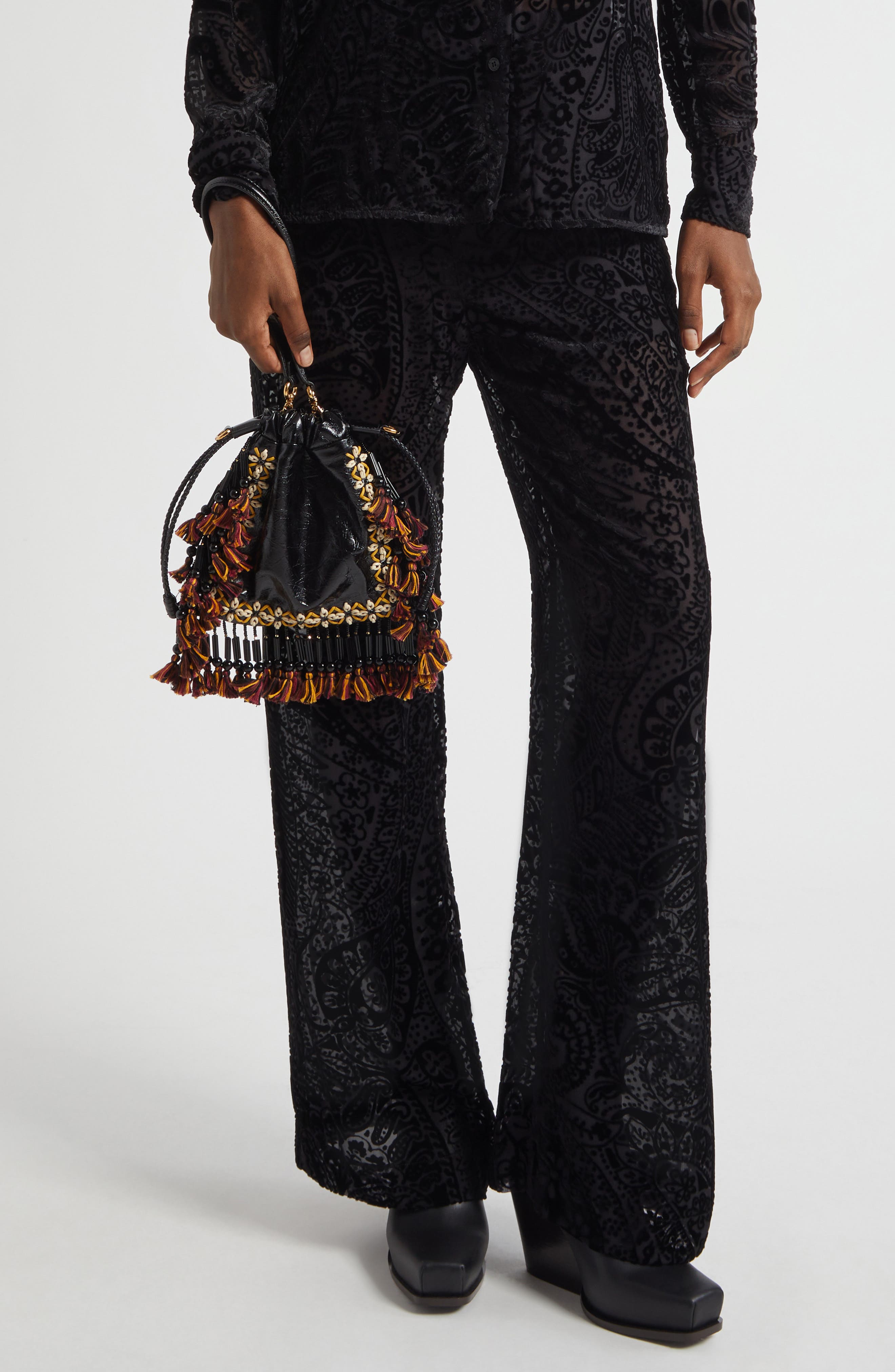 Etro Kalispera Embroidered Fringe Leather Shoulder Bag, Alternate, color, Nero
