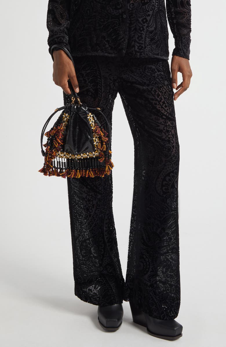 Etro Kalispera Embroidered Fringe Leather Shoulder Bag, Alternate, color, Nero