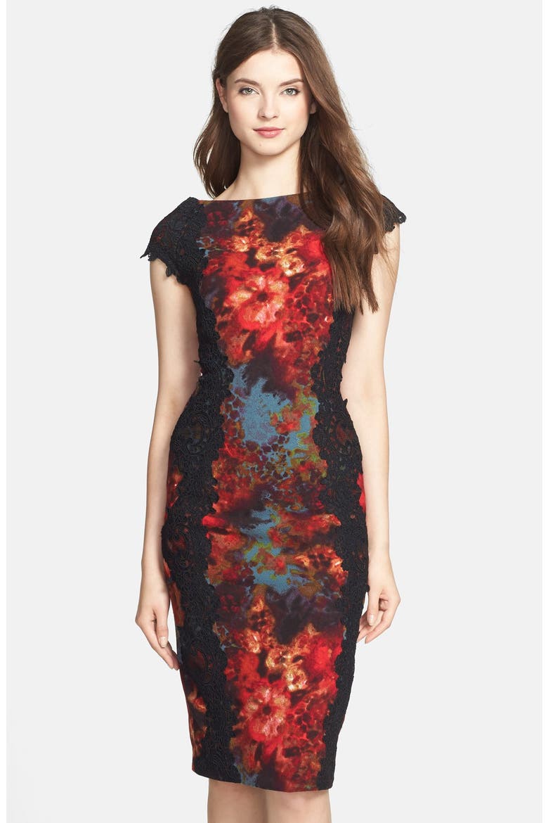 Lace Appliqué Floral Print Sheath Dress, Main, color, SLATE/ CARMINE