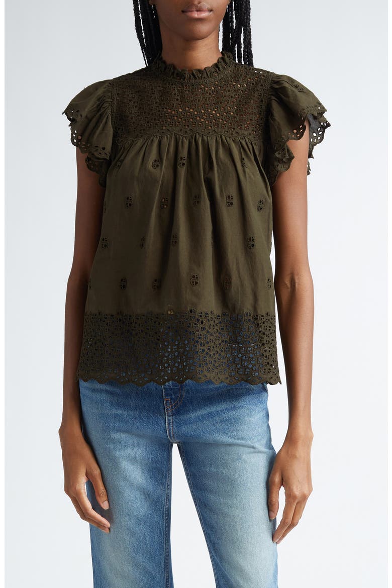 Kassi Eyelet Flutter Sleeve Cotton Top, Main, color, MILITAIRE