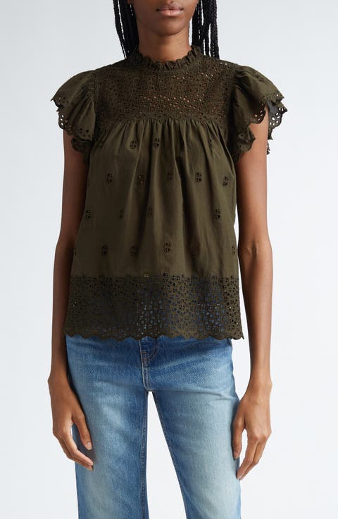 Kassi Eyelet Flutter Sleeve Cotton Top