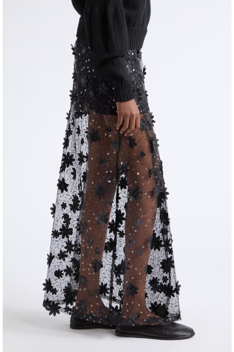 Floral Appliqué Mesh Wrap Maxi Skirt, Alternate, color, BLACK