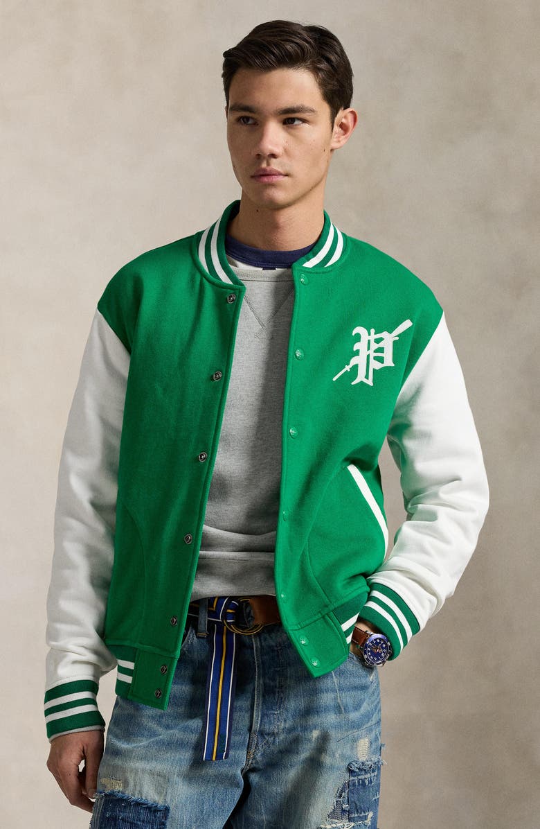 Polo Ralph Lauren Graphic Fleece Baseball Jacket, Alternate, color, Cruise Green/Nevis